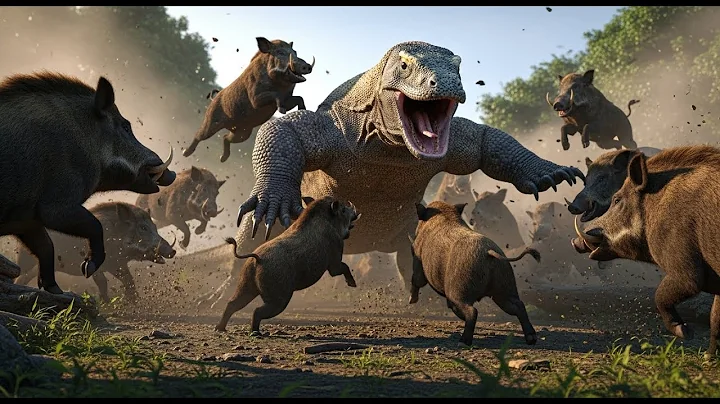 komodo  dragon  life and Death  battle  with  a  herd  of  wild  boars