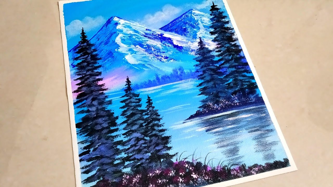 Following A Bob Ross Painting/ 3 Color Painting Challenge/Easy snowy winter  scenery painting 
