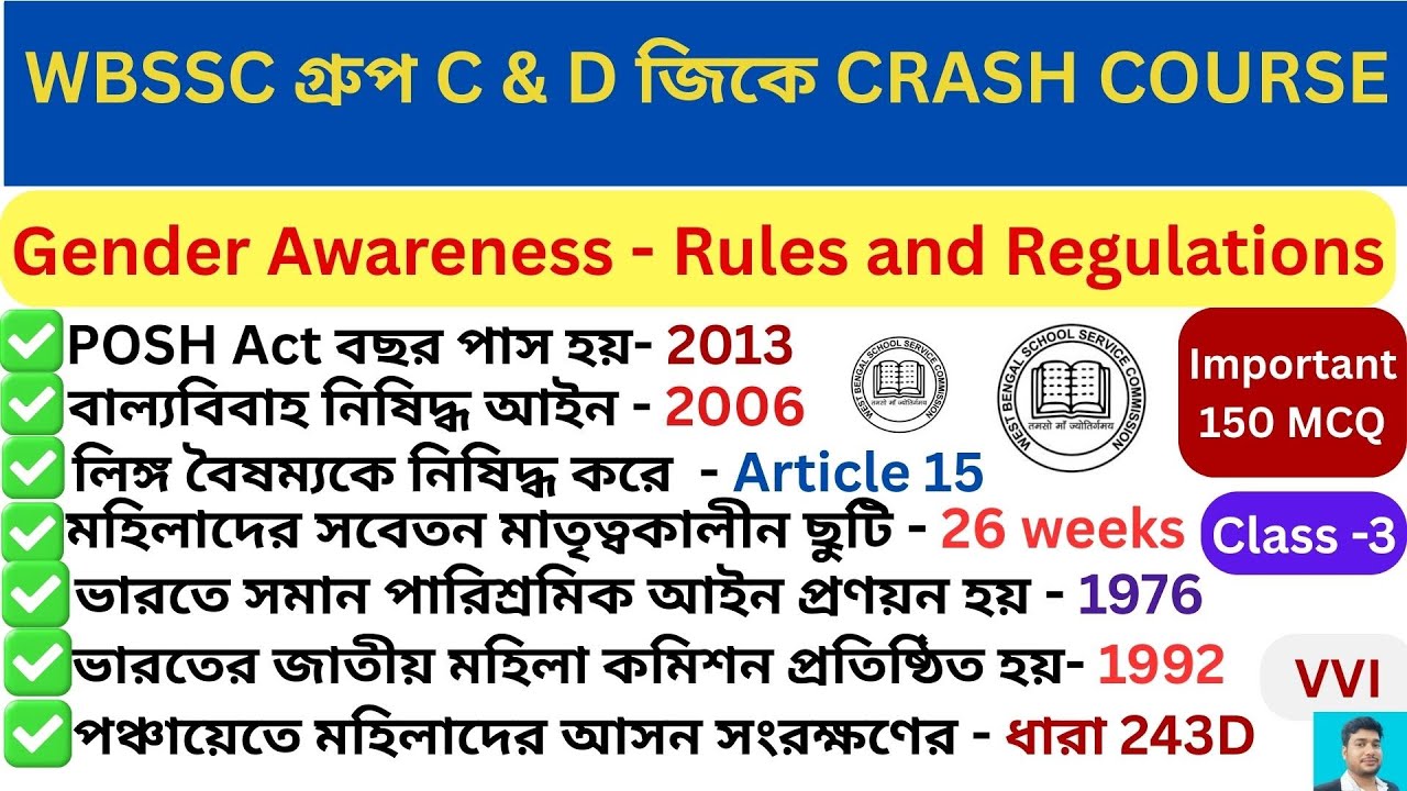 WB SSC Group C and D GK class🔥 ll নতুন সিলেবাস অনুযায়ী ll Gender Awareness Rules and Regulations🔥