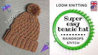 Loom knitting beanie hat with raindrop stitch  SUPER EASY (IT TAKES 1 HOUR!)  ENGLISH TUTORIAL