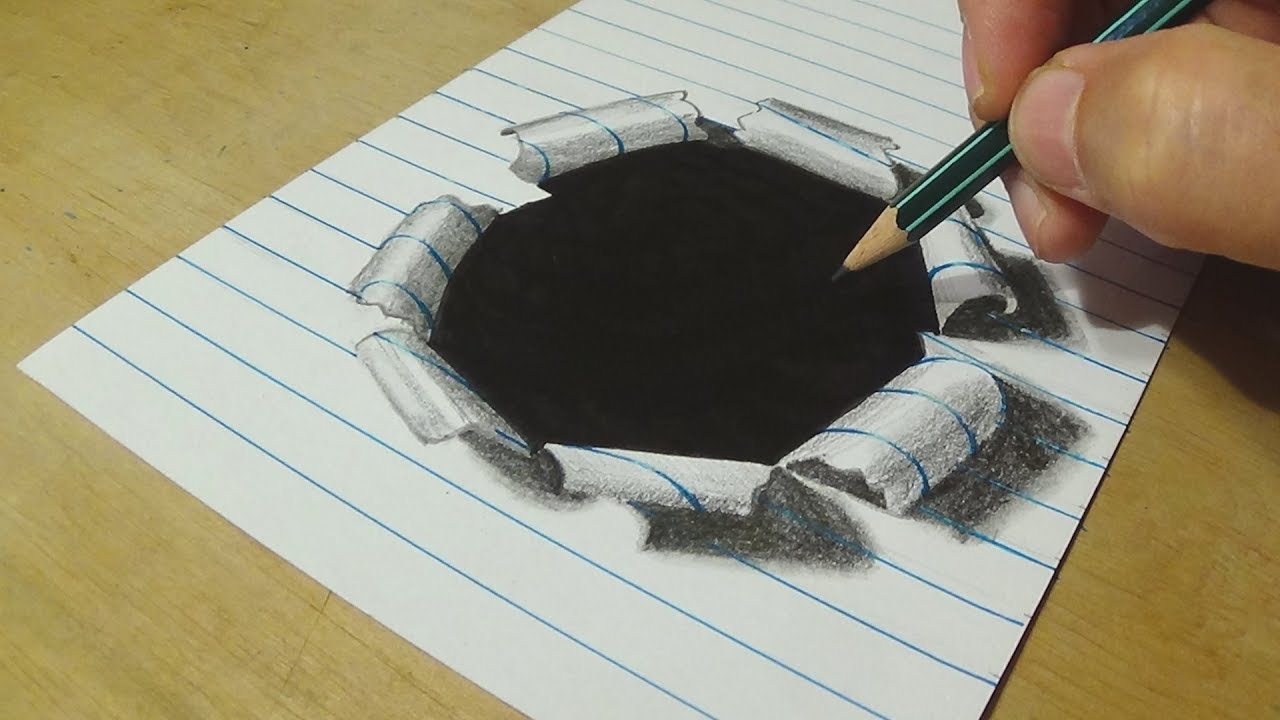 How To Draw Hole Paper - Drawing Hole Lined Paper With Graphite Pencils - Anamorphic Illusion