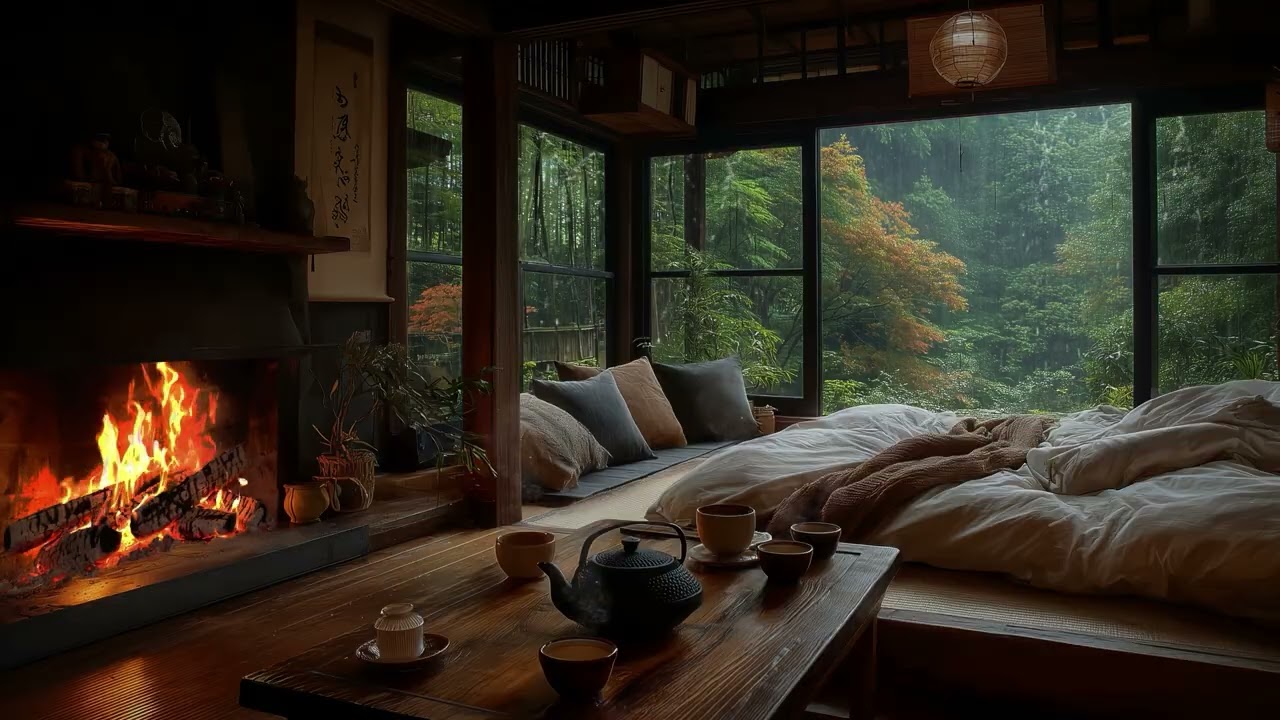 Peaceful Rain & Cozy Fireplace Sounds – Calm the Mind, Ease Stress, and Fall Asleep Gently