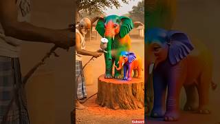 Amazing Wood Carving – Colorful Elephant Mother &amp; Baby Sculpture