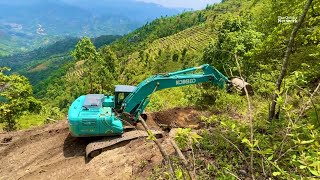 Pro Operator Cuts Mountain For Narrow Road Kobelco Excavator At Work