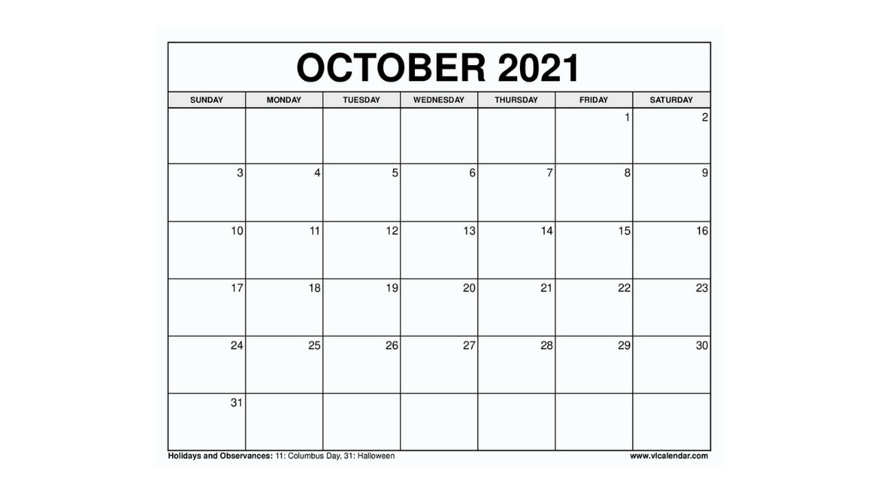 october calendar 2021 with holidays