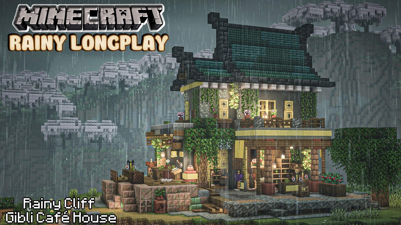 Minecraft Relaxing Rainy LongPlay - Rainy Cliff - Rainy Cozy Ghibli Café House • No Commentary