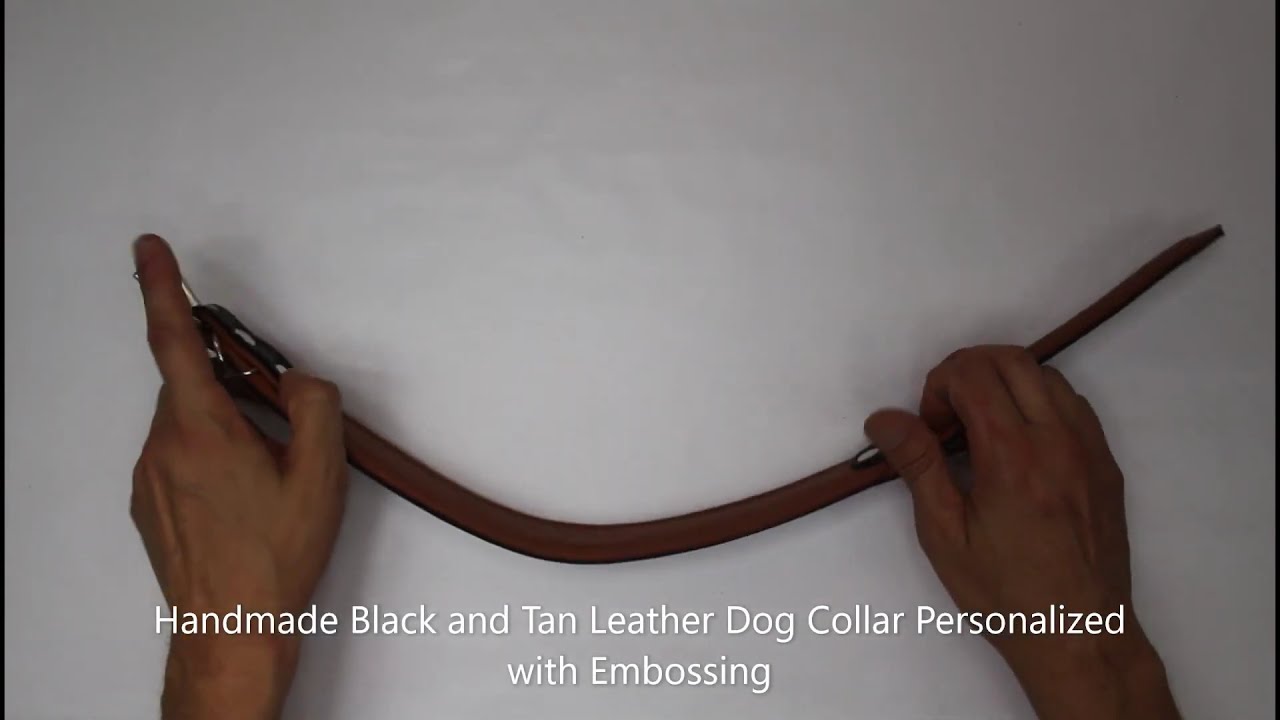 Black Leather Dog Collar with Tan Padding Personalized with Embossing