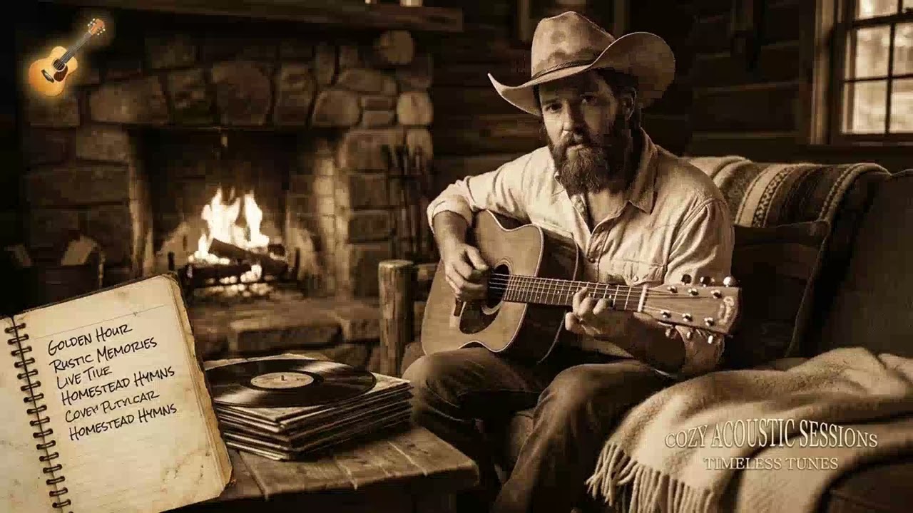 Classic Country Folk Songs 🔥 Cozy Fireplace Sessions 70's 80's 🎸 Rustic Acoustic Guitar Collection