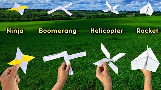 four best flying helicopter toy, 4 paper flying toy, paper ninja, boomerang, lying rocket helicopter