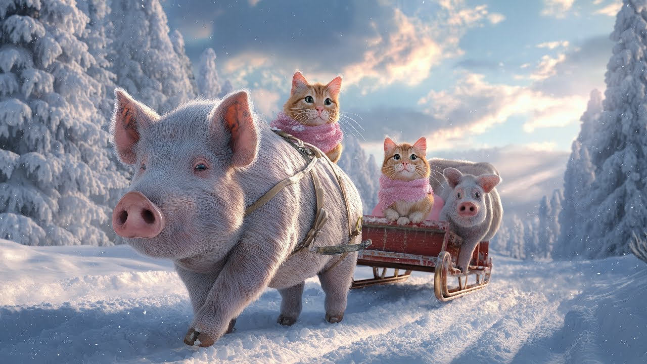 A Magical Snowy Journey: Mama Cat and Her Kitten Ride a Pig Sled Through the Forest 🐾🌨️🐷V1