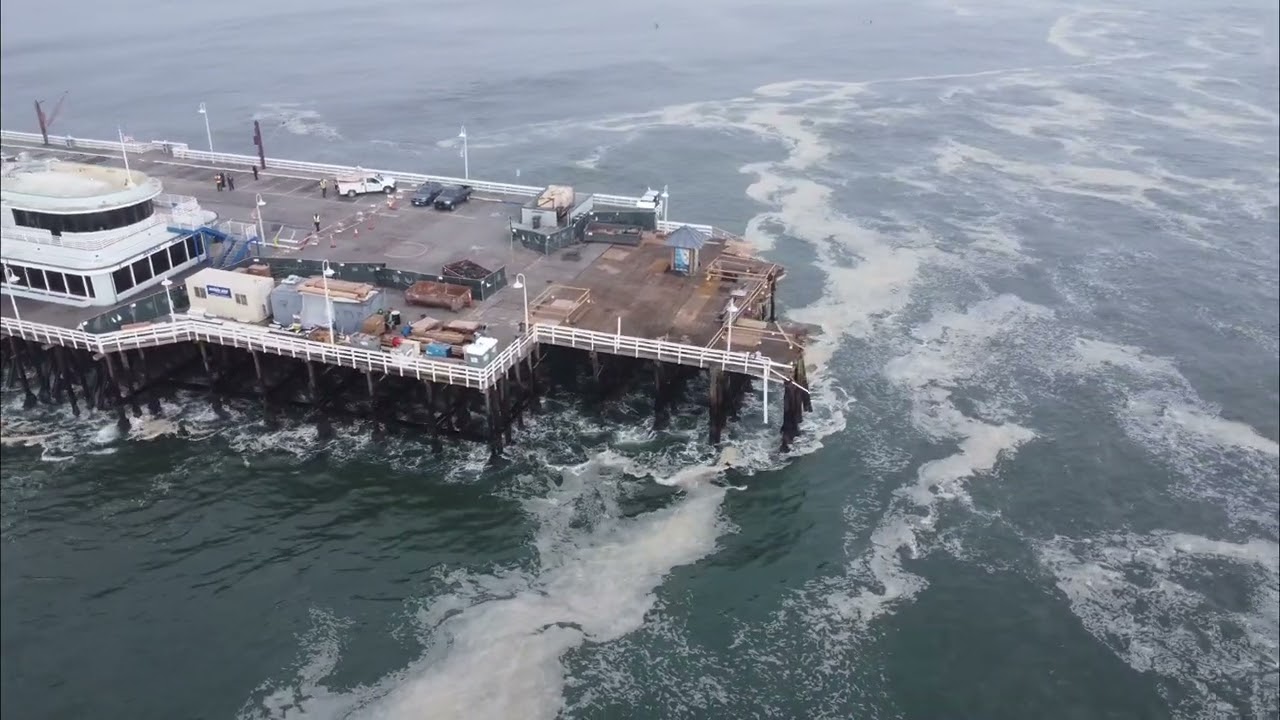 Santa Cruz Wharf Destroyed by swell Drone POV