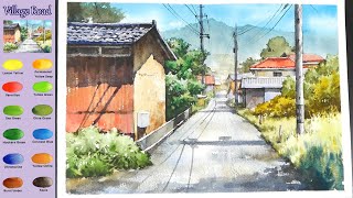 Landscape Watercolor - Village Road (sketch & color name view, watercolor material) NAMIL ART