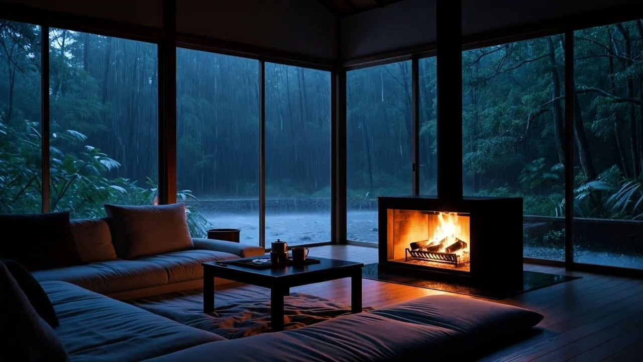 8 Hours of Rain & Thunder in a Cozy Forest Cabin (Fireplace Ambience)