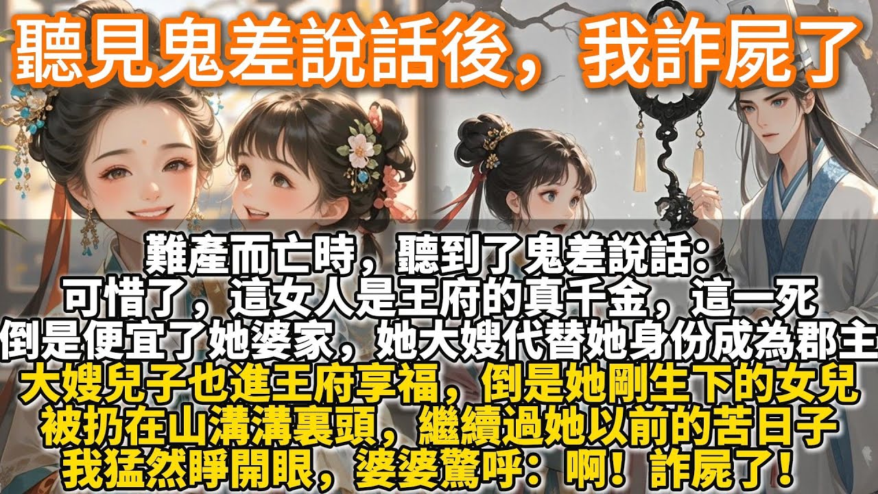 完結虎頭蛇尾復仇文（很一般）：聽見鬼差說話後，我詐屍了。難產而亡時，聽到了鬼差說話。可惜了，這女人是王府的真千金。這一死，倒是便宜了她婆家。她大嫂代替她身份成為郡主，大嫂兒子也進王府享福。