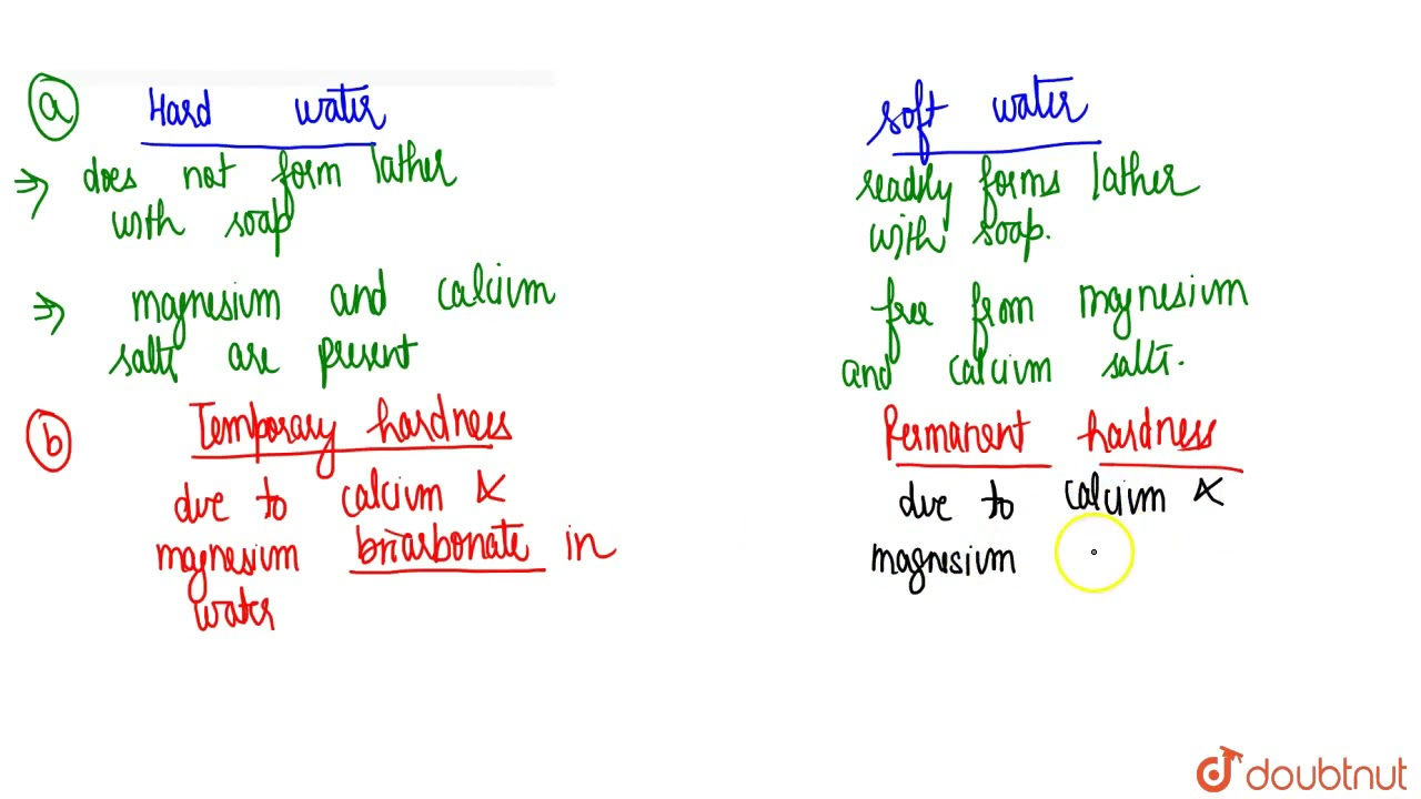 Distinguish between : a. Hard water and soft water b. Temporary hardness and permanent hardness ...