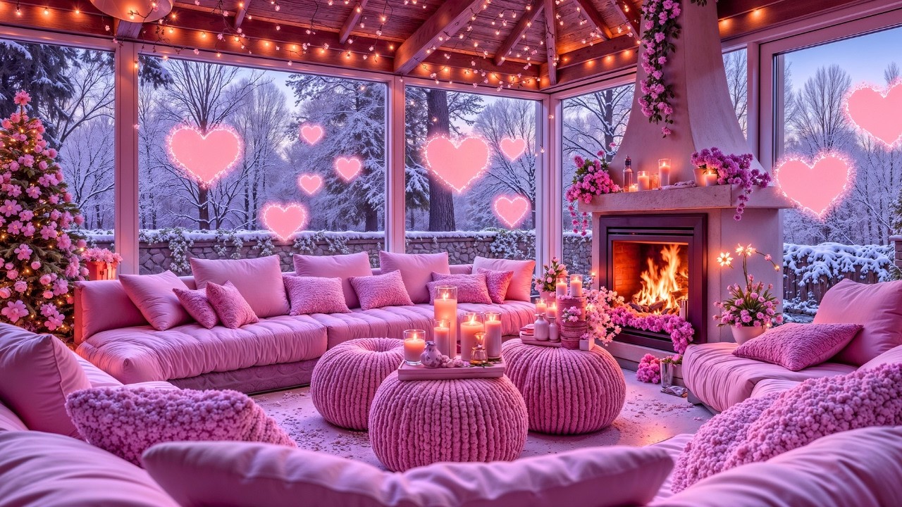 Magical Pink Valentine Porch Ambience 24/7 💕 Warm Fireplace, Candlelight & Healing Dream Jazz Vibes