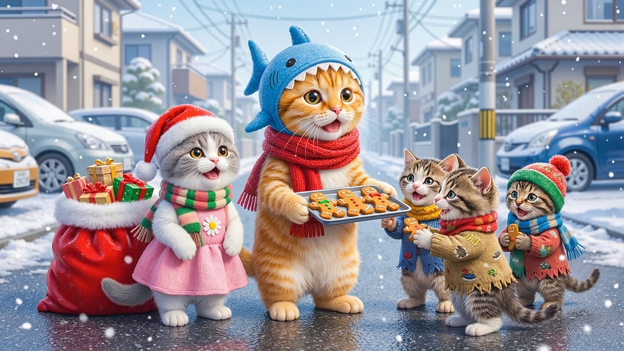 Sweet Christmas Gift! Ginger Kitten & Little Sister Share Cake with Baby Cats