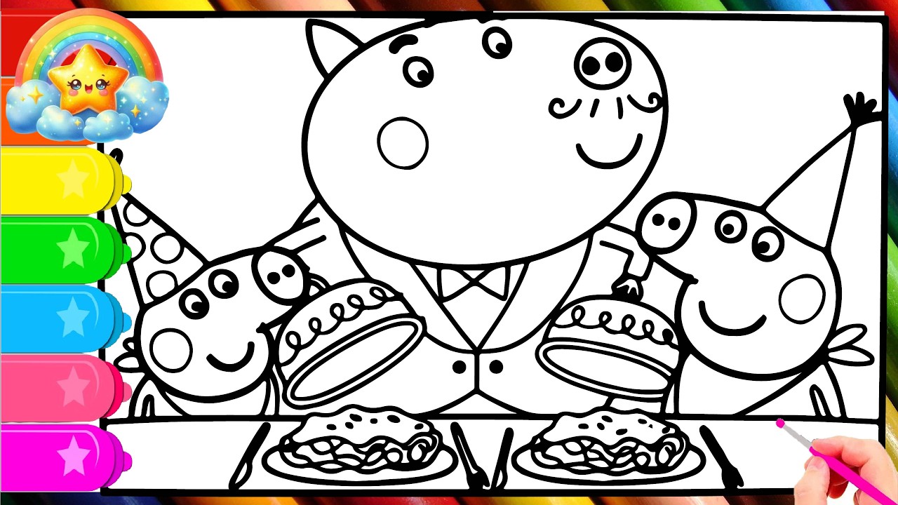 Peppa Pig is invited to dinner at a restaurant by her father's friend | Learn to color the Peppa Pig
