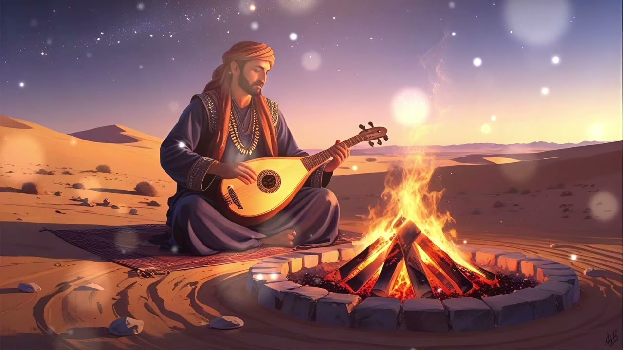 Bearded musician playing oud in old stone alleyway, warm shadows and lanterns around