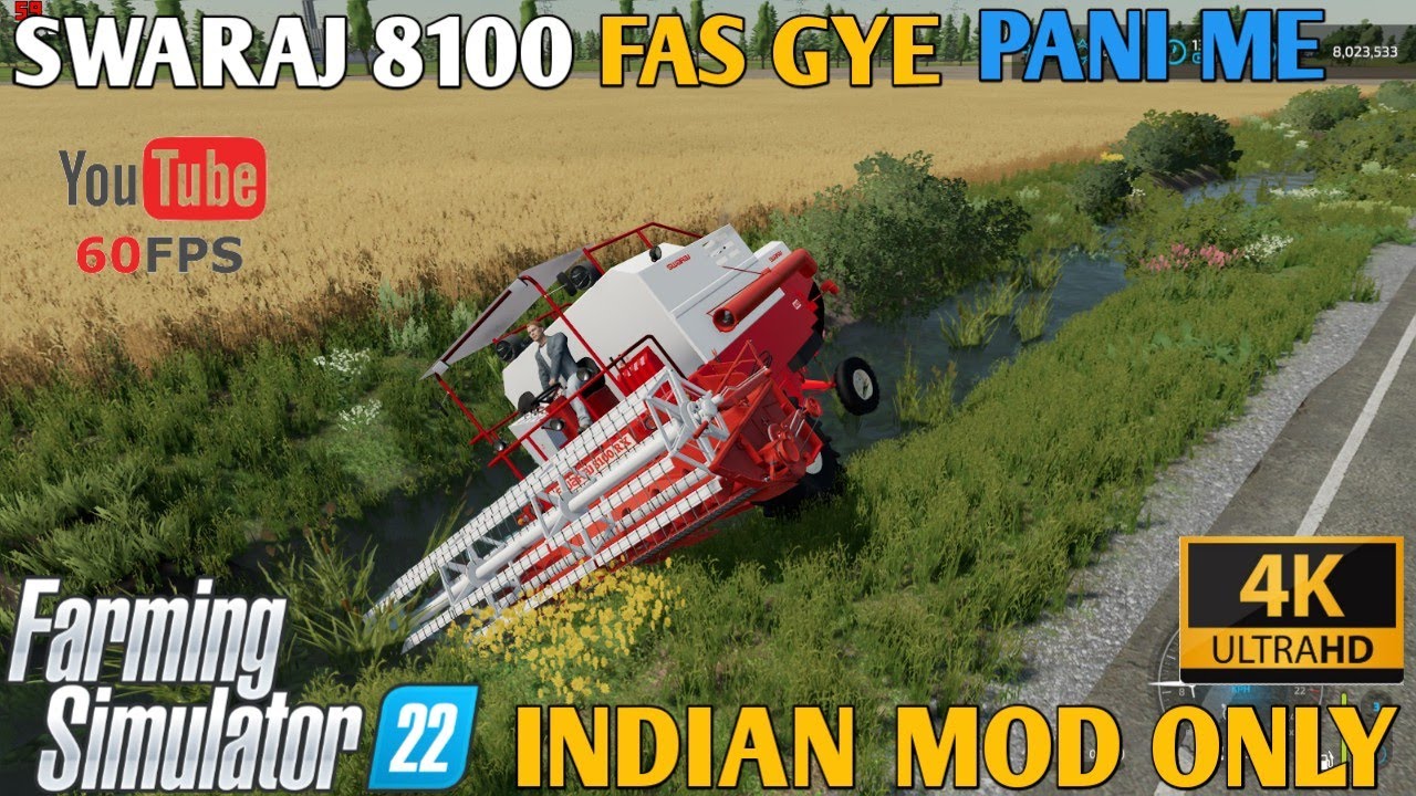 farming simulator 22 Indian mod challenge hindi sawraj 8100 harvester fas gye pani me