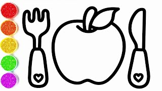 How To Draw Glitter Cutlery And Apple For Kids Cara Menggambar Dan Mewarnai Alat Makan & Apel