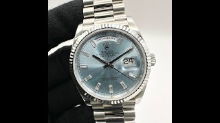 Pre-owned 2022 Platinum Rolex Day-Date 36 Ice Blue Baguette Diamond Dial 128236 Watch