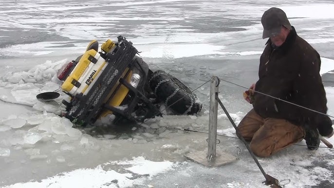 110 Ice Fishing ATV vs Snowmobile Modifications - Otter Monster Box - Helix  7 - Digger Auger Holder 