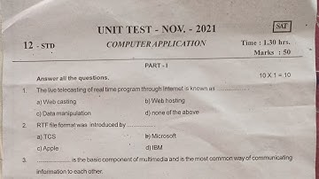 12th Computer application||Unit test november 2021||Question paper