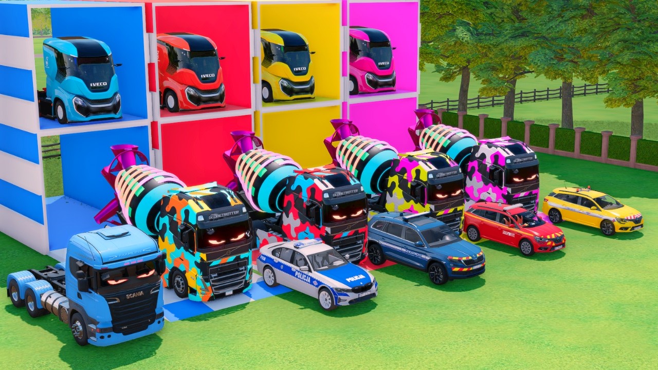 TRANSPORTING POLICE CARS, AMBULANCE, MIXER TRUCK, COLORFUL CARS WITH TRUCK -FARMING SIMULATOR 22!