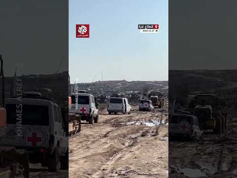مشاهد توثق تحرك عناصر من القسام والصليب الأحمر إلى ما وراء الخط الأصفر للبحث عن جثث أسرى إسرائيليين