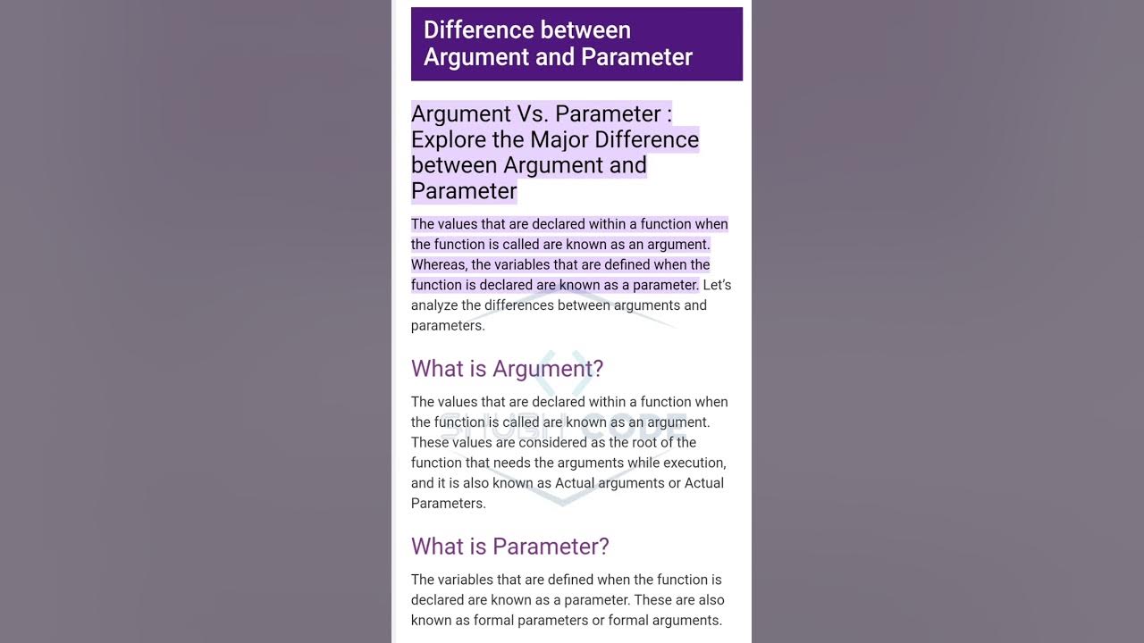 Parameters vs argument argument vs parameter difference between