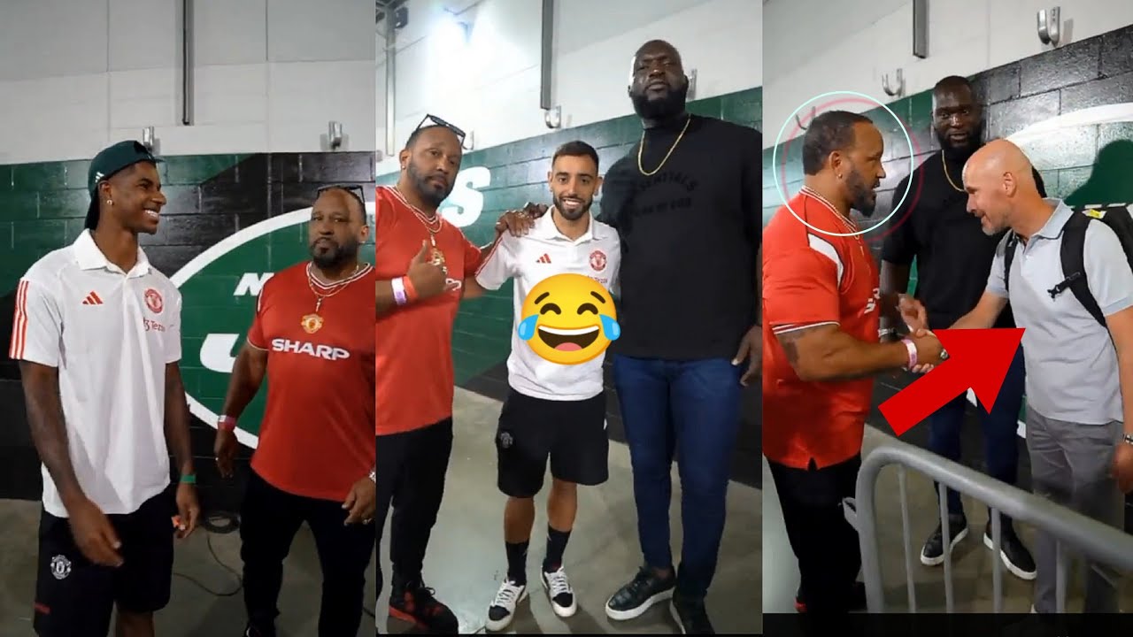 Rashford, Bruno Fernandes and Ten Hag meet Omos at met life stadium 🏟️ 😂 #wwe #man_utd #lens