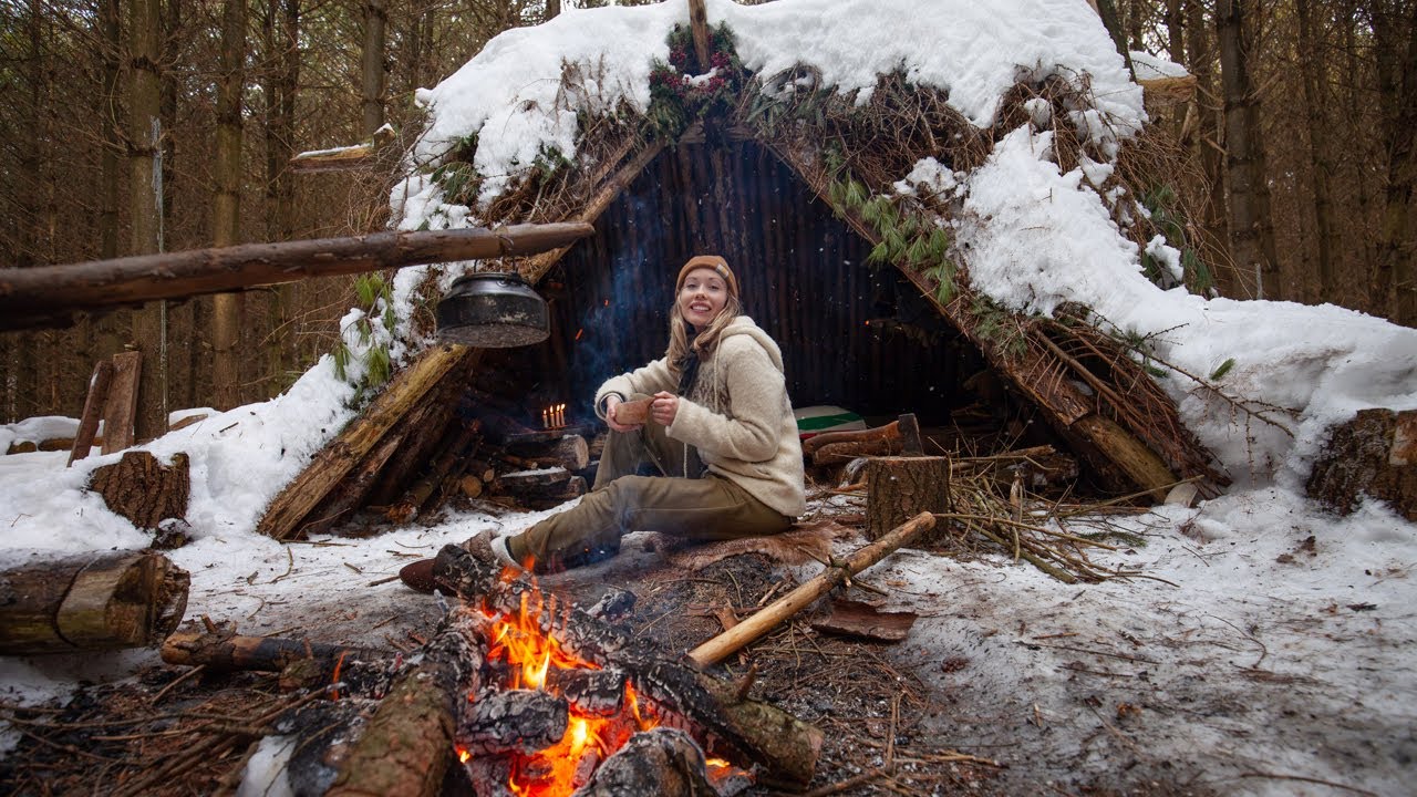 My 1st SOLO Winter Overnight! Bushcraft Shelter, Cooking on Coals