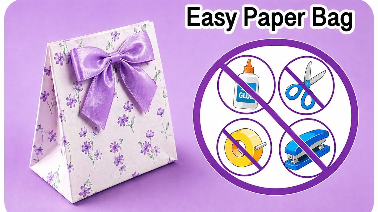 How to make paper bag without glue \ origami paper bag \ no glue paper ...