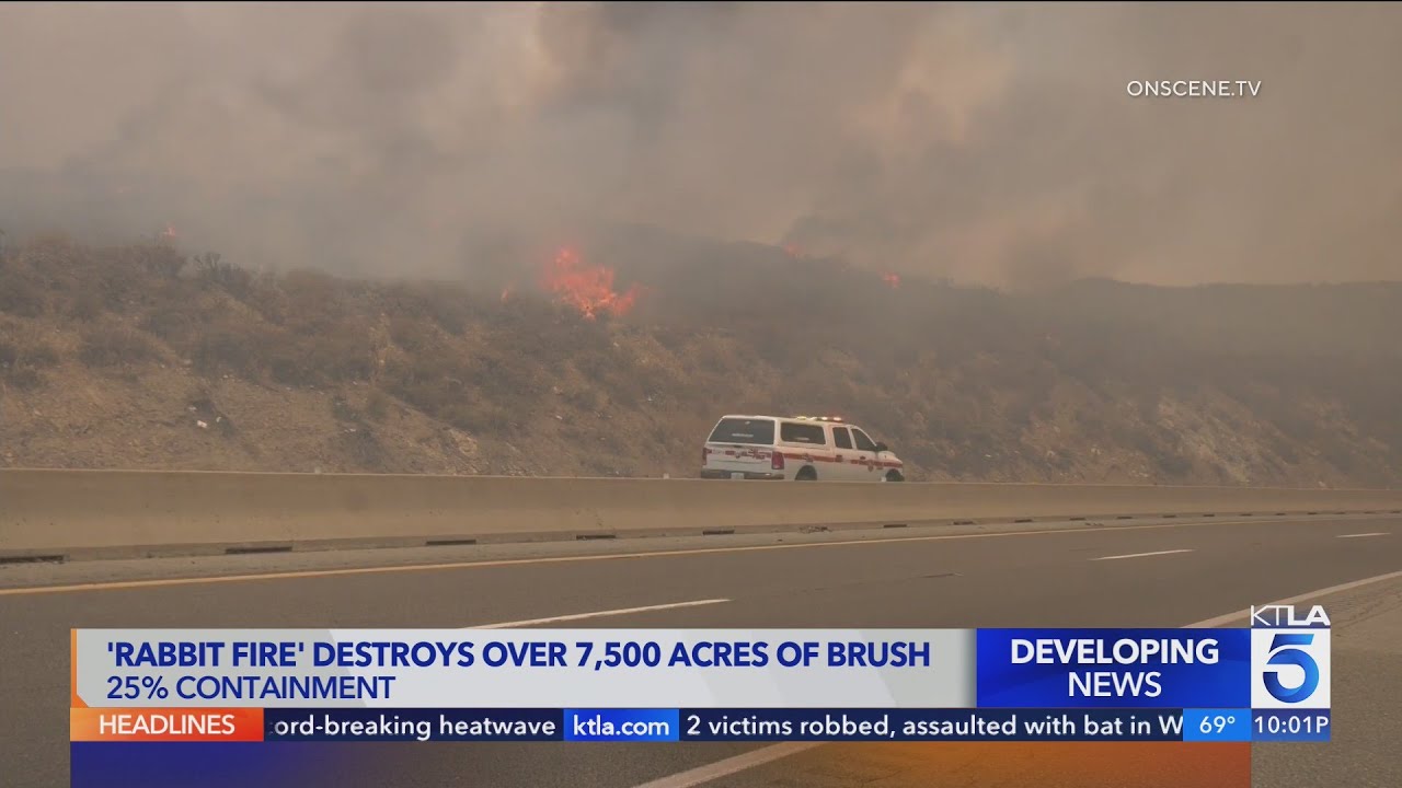 'Rabbit Fire' 25% contained after charring 7,500 acres - YouTube