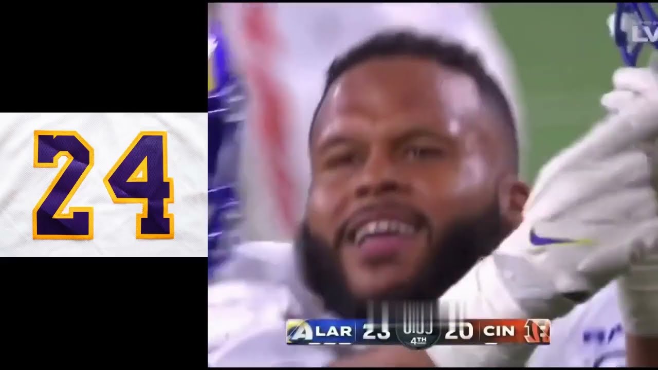 Kobe Bryant and Aaron Donald pointing to ring finger right before each won their first championship💍
