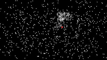Brownian Motion - many particles, not showing paths except for red particle  - 1min at 60fps