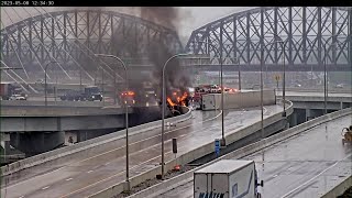 Overturned semi on fire on I-65 near downtown Louisville