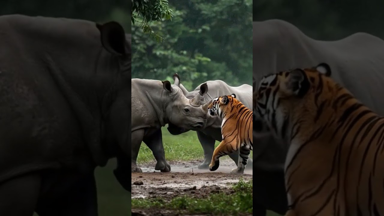 Rhino vs Tiger Fight in Heavy Rain​ 