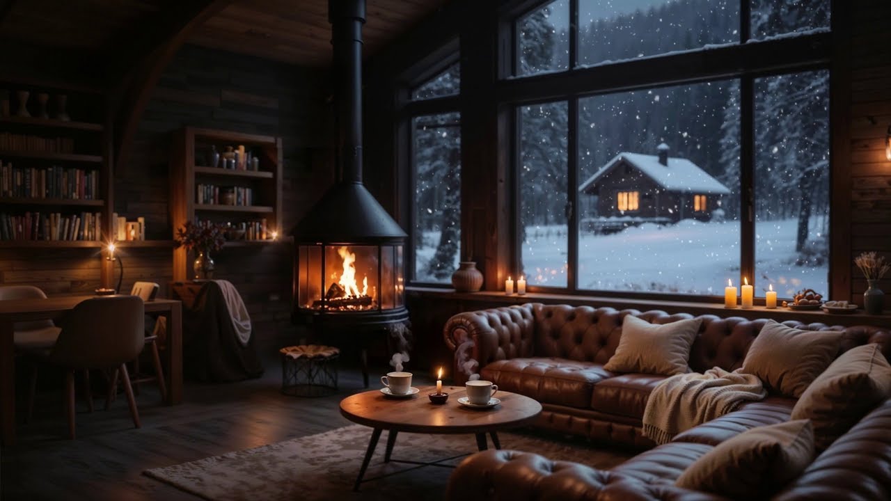 🔥 Cozy Cabin Ambience | Crackling Fireplace, Blizzard Sounds & Falling Snow for Sleep & Relaxation