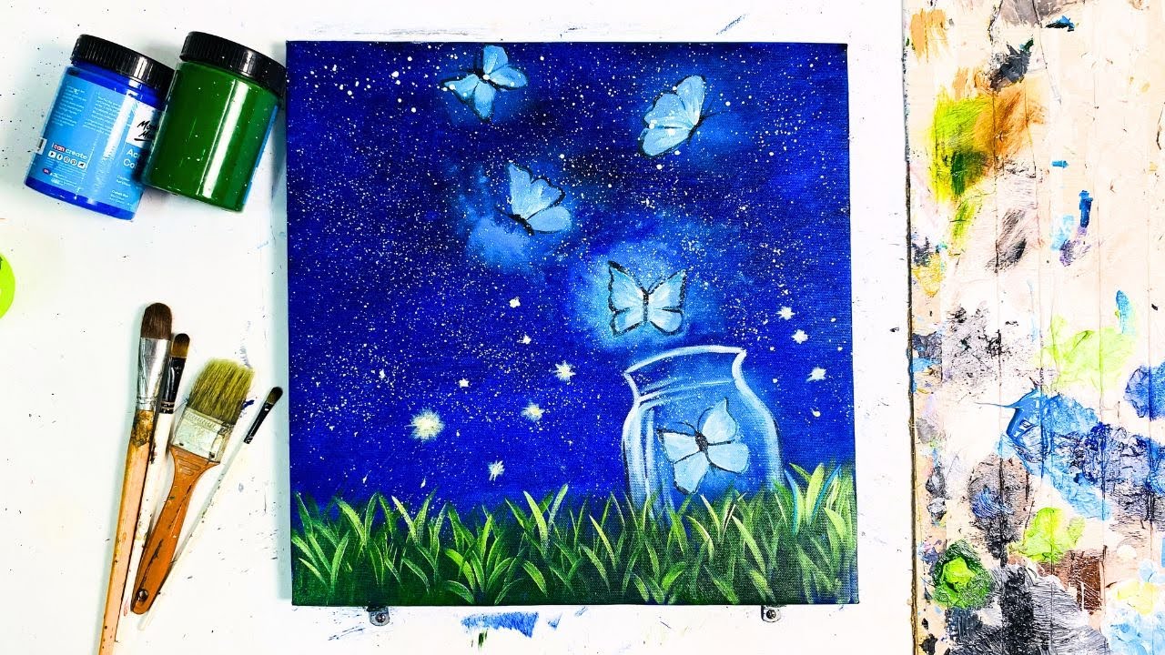 Easy Butterfly Night Scenery | Acrylic painting for beginners step by ...