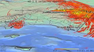 This is a computer simulation showing the best estimate of what wave
propagation and ground shaking may look like in event an 8.0
earthquake along the...