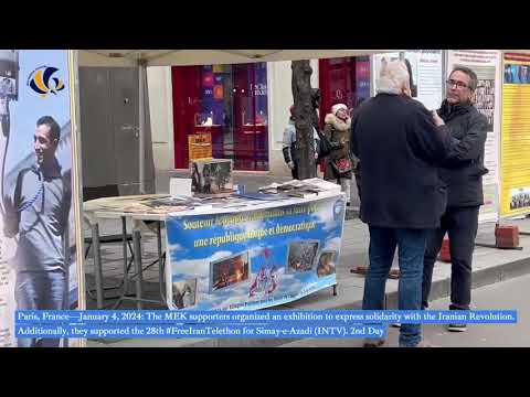 Paris—Jan 4, 2024: The MEK supporters organized an exhibition in solidarity with the Iran Revolution