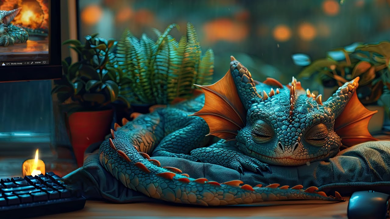 Relaxing with a Green Dragon at the Home Office | Rain, Fireplace, and Dragon Ambience 🐲🔥⛈