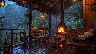 Rainy Tropical Forest Ambience | Soft Rain and Thunder with Fireplace At Cozy Porch | Sleep, Relax