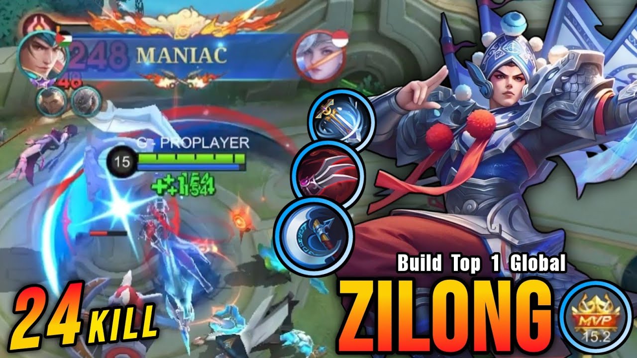 24 Kills + MANIAC!! Insane Damage Zilong Late Game No Boots Build - Build Top 1 Global Zilong ~ MLBB