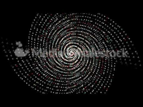 Abstract small triangles moving on a spiral trajectory and flying towards the camera, amazing 3D