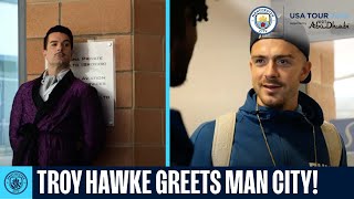 Funny! | Troy Hawke GREETS Man City players onto their US Tour! | Greeters Guild