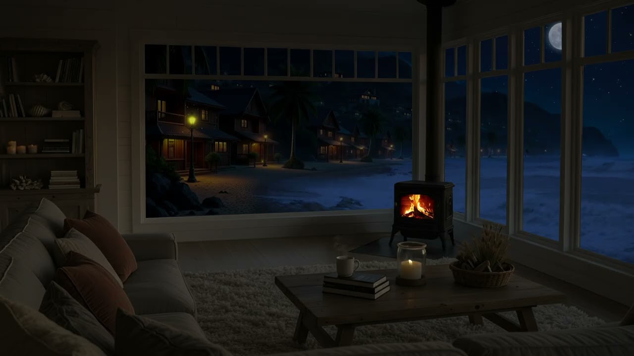 Cozy Ocean Cliff Cabin Fireplace 🌊🌙 | Evening Coastal Ambience for Relaxation & Inner Calm