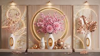3D Pink Dahlia & Cherry Blossom Triptych Wall Art: Gold Leaves & Backlit LED #4k #homedecor